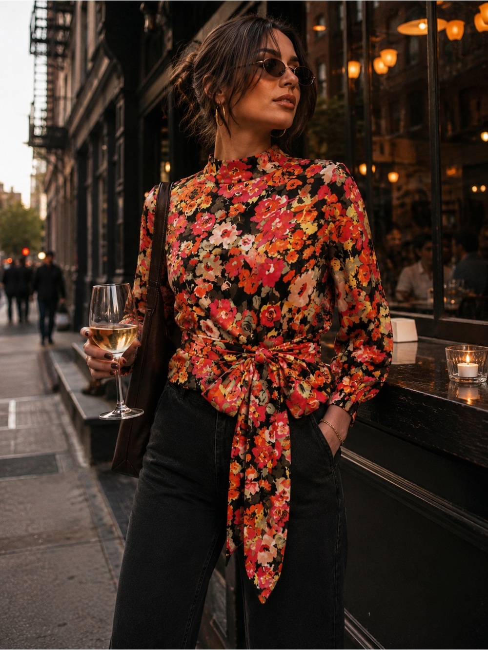 Zara Floral Tie Waist Mock Neck Blouse XS | Fall Boho Romantic Top